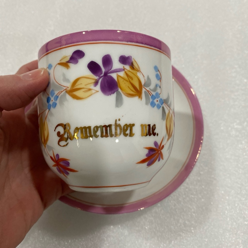 German Antique “Remember Me”Teacup and Saucer Pink Banded Hand Painted Beauty